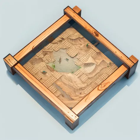 There is a small square wooden pallet There is a small square wooden pallet,Screen，On the surface of the water， tilted frame, illustratio, a digital rendering, medium box, on A piece of wood tray, A piece of wood, computer render, Isometric top down left v...