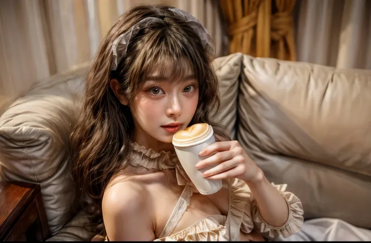 ​masterpiece、8K、32K、top-quality、(A detailed eye)、(A cute Japanese woman、bangss:1.3)、23years old、1 girl in、elegent、(drinking a cup of coffee:1.5)、(frilled underwear:1.3)、Cheerful、(Voluptuous:1.2)