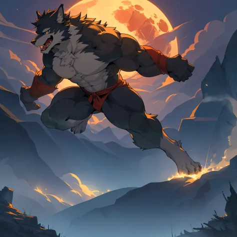 top quality, best quality, High-quality illustrations, masterpiece, depth of field, One-point scientific perspective(highly detailed beautiful face and eyes)absurdres, perfect anatomy, Werewolf, howling, red full moon, on cliff, fog(kemono, super handsome ...