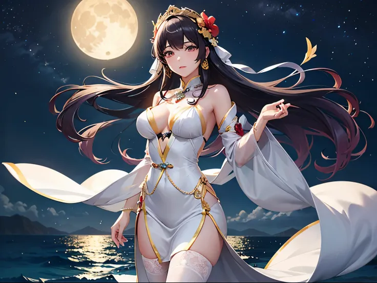 The pure white girl is icy and jade-free. Her hibiscus-long hair is waist-length. She is wearing silk and elegant white stockings with metal ornaments.（White and translucent meat） A shy expression。spoony。 Scene setting The bright moon rises over the sea，Ti...