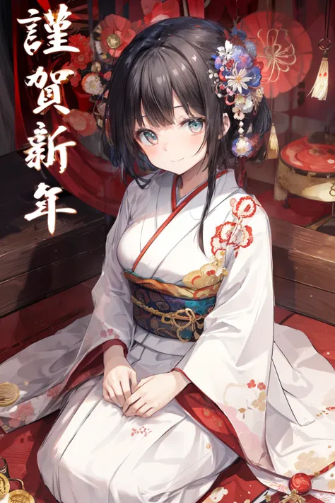 happy new year cute girl (jeweled extremely gorgeous kimono), seiza, sitting, smile, black hair, traditional performing arts of ...