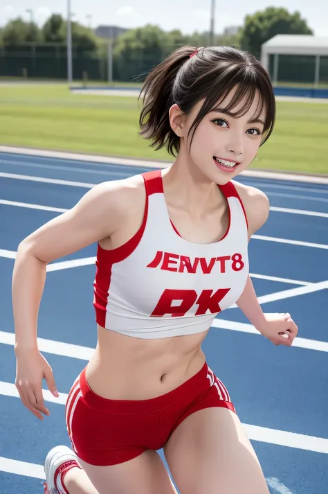 The beauty of 8K raw photos:2.0, short-hair, great face and dark eyes, stares at the camera, A smile:1.6, show teeth, Running, Sprint, dynamicposes, Vibrant poses,（red sport clothing:1.2)、Wear sneakers:1.4, Photorealsitic:1.9, extremely detailed CG unified...