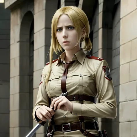 a close up of a person holding a weapon and a sword, annie leonhart, from attack on titan, in attack on titan, attack on titan covert art, mikasa ackerman, looking like annie leonhart, female protagonist 👀 :8, (attack on titans anime), female action anime ...