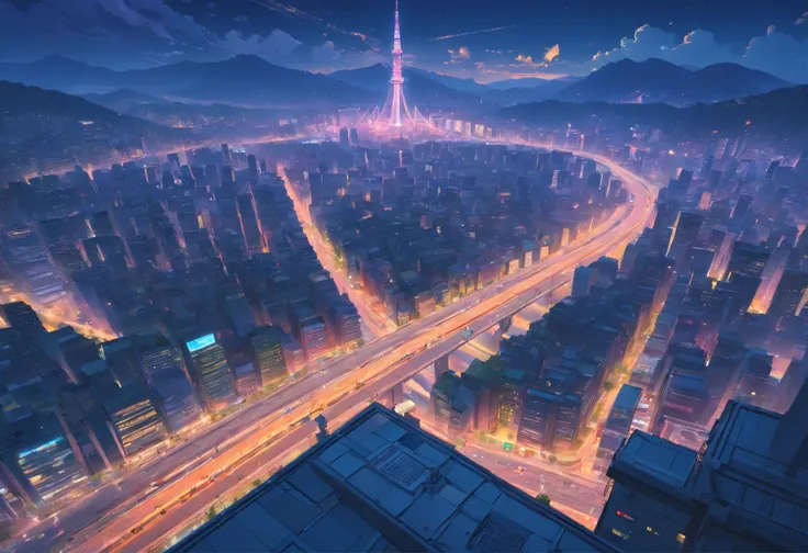 Look down from the top of the mountain，cyber punk style，（（（fire works））），（（（绚丽的fire works））），3d effect，A huge and decadent ringed city，crossroad，overpass，high grade road，natta，（（many circling planes）），pedestrians，Sateen，inverted image，high high quality，（16...