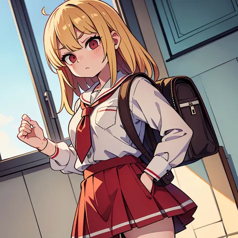 a blond、Bad eyes、glares、Bad schoolgirl、red high school jersey、Check skirt、hands in the pocket、Holding a school bag