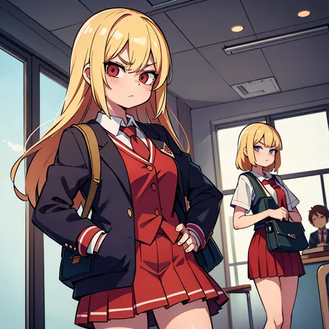 a blond、Bad eyes、glares、Bad schoolgirl、red high school jersey、Check skirt、hands in the pocket、Holding a school bag