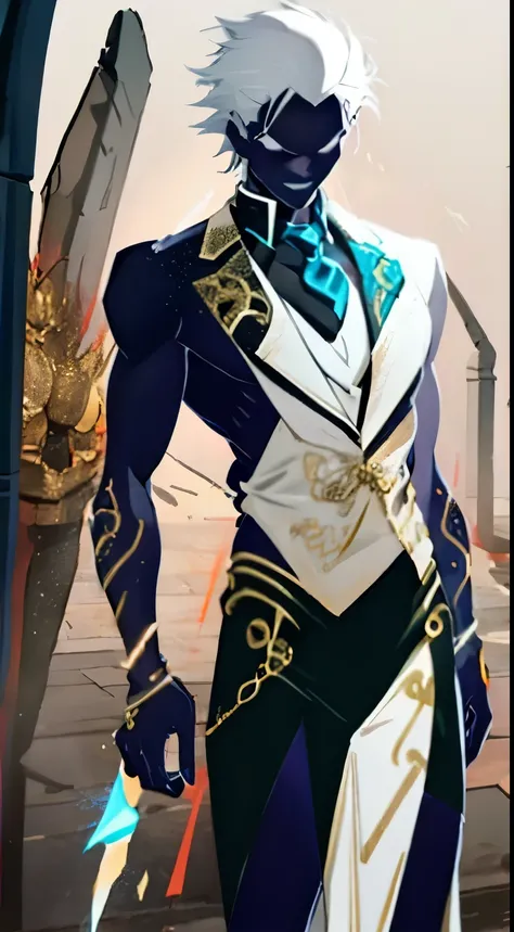 A white-haired male megatrix wearing a white suit with gold details and having several runes running across his body