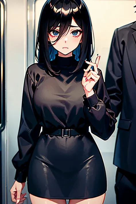 beautiful MtF crossdresser, 1 boy,anime face, empty eyes,dark persona,35-year-old, wearing casual, black medium length hair, on the train, Anime illustration, highly detailed,cowboy shot, nice composition --ar 3:2