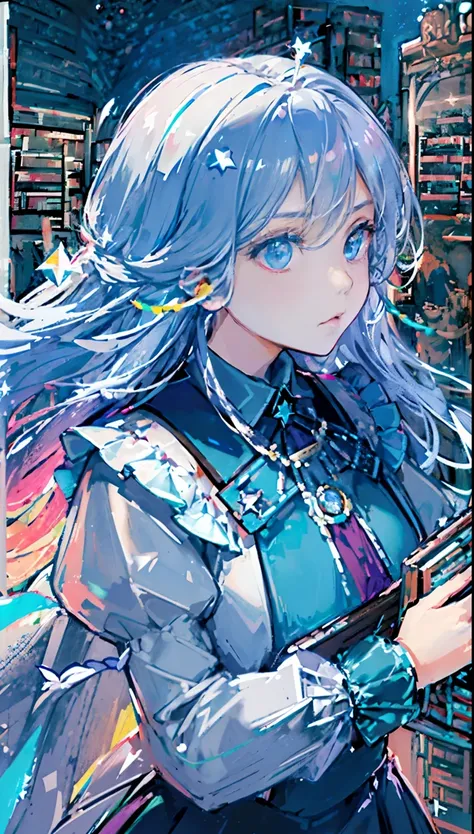 (Highest image quality),(words decorate d), (((1 girl)))Alone,long white the hair,eBlue eyes, (No smile),Best quality at best,finely detailled,tmasterpiece, (magic book:1.4),(ultra - detailed),(Detailed eyes description:1.2),(floating Colorful wind:1.4),(T...