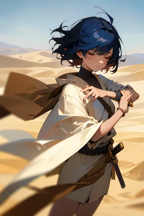 ((masterpiece)), (best quality), depth of field, sharp focus, (action shot), 1girl, (scars), strong, (Japanese sword), (flat chest), dark blue hair, short hair, messy hair, hair over eyes, hidden eyes, beige clothes, beige cloak, beige robe, bracelets, sta...