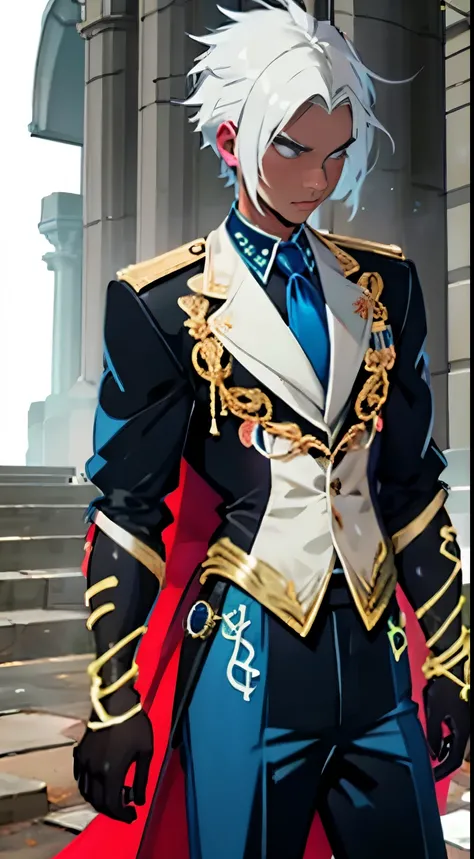 A man with white hair wearing a white suit with gold details and having several runes running across his body