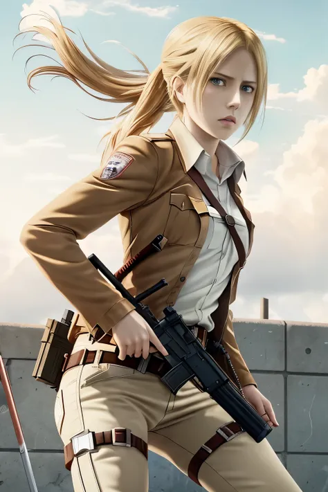 anime girl with a gun and a gun in her hand, annie leonhart, from attack on titan, in attack on titan, looking like annie leonhart, shingeki no kyojin, (attack on titans anime), attack on titans, attack on titan anime style, attack on titan, attack on tita...