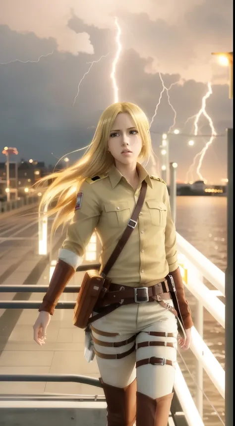 anime - style image of a man riding a boat with a lightning bolt, from attack on titan, annie leonhart in a neon city, annie leonhart, in attack on titan, attack on titan anime style, looking like annie leonhart, inspired by Armin Baumgarten, inspired by A...