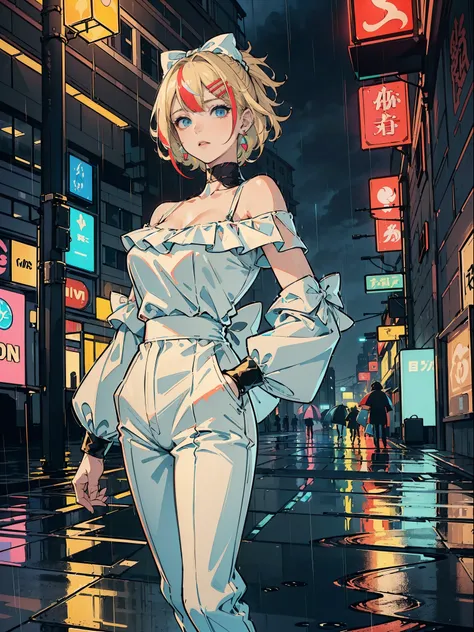 ((((reflected floor,color pencil drawing ，))))((hands in pockets,))(Masterpiece illustration,Beautiful and aesthetic:1.2,aim to viewerest quality,Top quality, Epic quality,((((rainy night in a cyberpunk city with glowing neon lights,outdoor,))))(moonlight,...