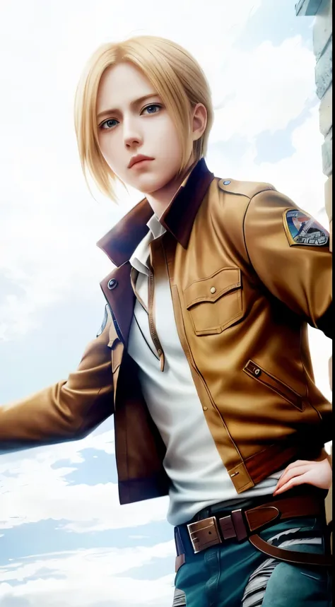 anime girl with blonde hair and brown jacket posing for a picture, looking like annie leonhart, annie leonhart, portrait of eren yeager, from attack on titan, inspired by Armin Hansen, eren yeager, inspired by Armin Baumgarten, in attack on titan, tall ani...