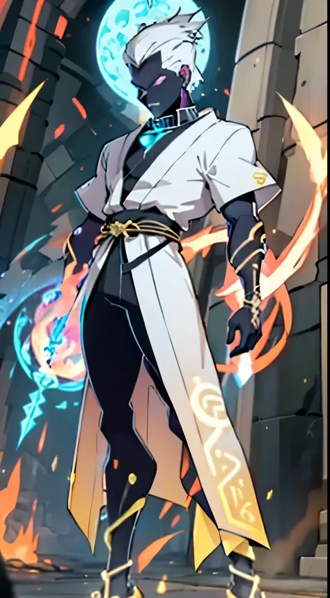 A white-haired megatrix man wearing a white kimono with gold details and having several runes on his body