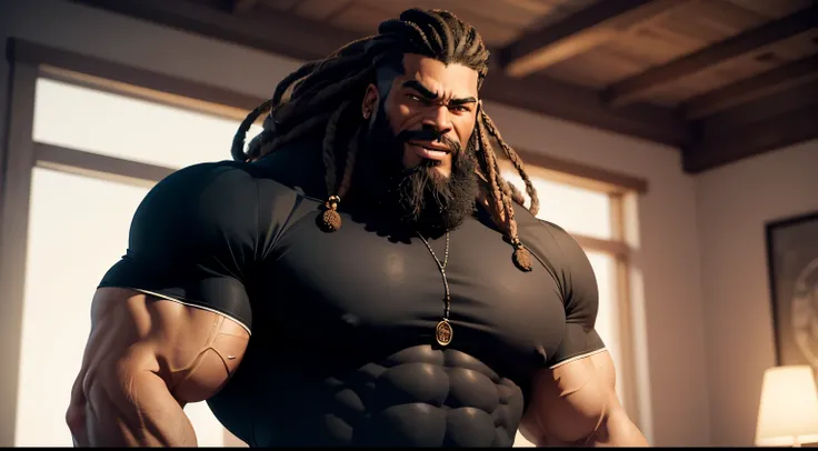 giant muscular black man with short dreadlocks, massive, gigantic, macophilia, strong, colossal, beard, intense eyes, evil, evil smile, firm jawline, broad shoulders, giant toned physique, tight clothes tearing, tight t-shirt