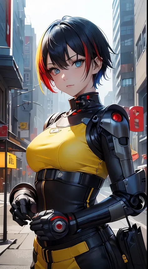 (masutepiece:1.3), (Best movie quality:1.2), (Very detailed settings:1), (Soft+Artistic lighting), (1boy), short blue haiRed, (Eyes+yellow+Red:1.4), (multicoloRed Eyes+Heterochromia), Wearing cyberpunk clothing, Futuristic, tech, city scenery (Robots aroun...