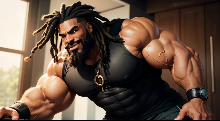 Sexy giant muscular black man with short dreadlocks, massive, gigantic, macophilia, strong, colossal, beard, intense eyes, evil, evil smile, firm jawline, broad shoulders, giant toned physique, tight clothes tearing, tight t-shirt