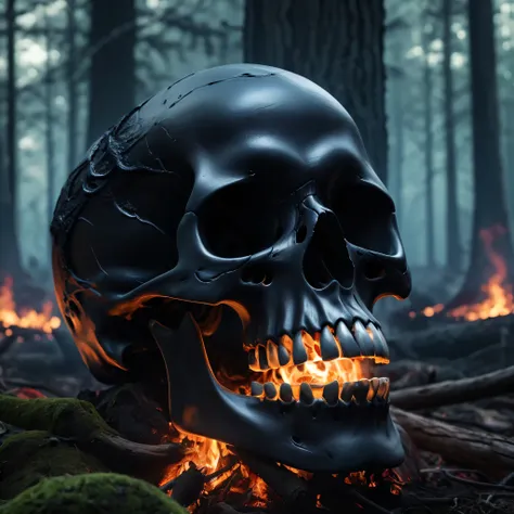 (Best Quality,8K,High resolution,masutepiece:1.2),Ultra-detailed,Eerily realistic jet black skull,elaborate corpse,horror style forest,burning,loimu,scary theme,horror festival setup