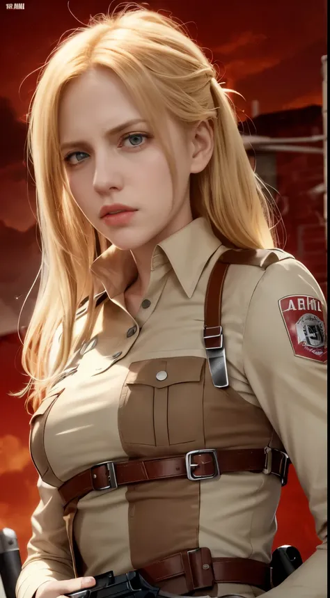 a woman in a uniform holding a gun and a red background, annie leonhart, from attack on titan, looking like annie leonhart, inspired by Armin Hansen, snk, inspired by Armin Baumgarten, attack on titan anime style, in attack on titan, attack on titan covert...