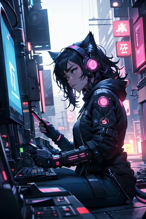 , Cyberpunk HD 8k .3D, Beautiful thick-haired hacker woman operating computer terminal, , Crawl like a cat, low angle camera view, Pay attention to the SLR effect,Millennial girl、Fluorescent color