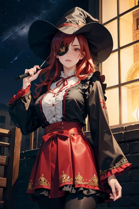 ((best quality)), ((masterpiece)), (detailed), perfect face, ((eyepatch:1.2)), (long hair:1.4), (red hair, red eyes:1.4), 1girl, solo, hat, skirt, legging, witch hat, dirndl gown, black headwear, black dirndl gown, smile, outdoors, black skirt, looking at ...