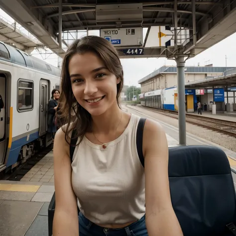 Selfy à la gare, train arrière-plan, gare, Souriant, excitée