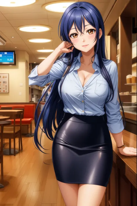 Solo, cowboy shot,Sonoda umi, long straight hair, short pencil skirt, cleavage,blushing, standing, in cafe