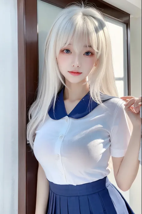 Beautiful woman with perfect figure：1.4，Layered Hair Style，sexy for，potruding nipple：1.5，JK school uniform，Highly Detailed Face and Skin Textur，二重まぶた，Whitening Skin，Long white hair