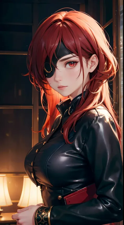 (best quality, masterpiece, official art, highres:1.2), extremely detailed CG unity 8k wallpaper, ultra detailed, portrait shot of slutty girl, eye contact, ideal breasts, short shirt, city background, red hair, long hair, eyepatch, red eyes, Hwa Ryun, Pho...