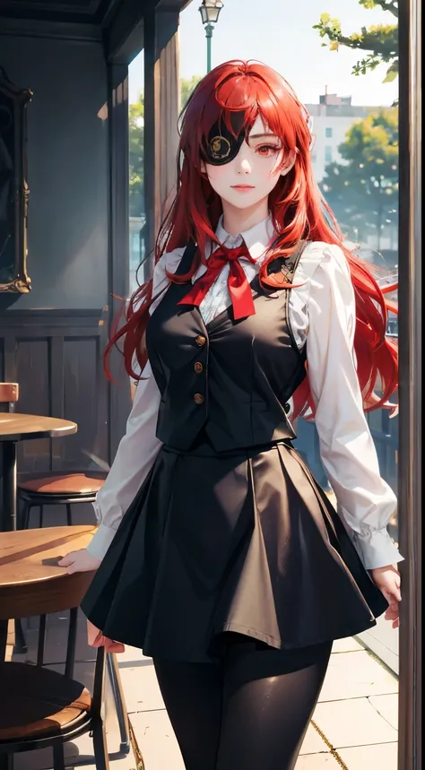 ((best quality)), ((masterpiece)), (detailed), perfect face, ((eyepatch:1.2)), (long hair:1.4), (red hair, red eyes:1.4), 1girl, solo, skirt, shirts, vest, legging, white shirts, Button-up shirts, black vest, smile, outdoors, black skirt, looking at viewer...