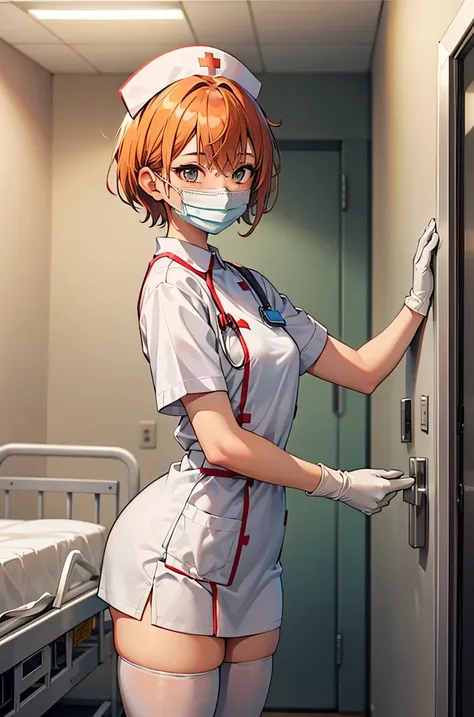 1girl, solo, nurse, nurse cap, white wear, ((white legwear, zettai ryouiki)), white gloves, very short hair, orange hair, ((whit...