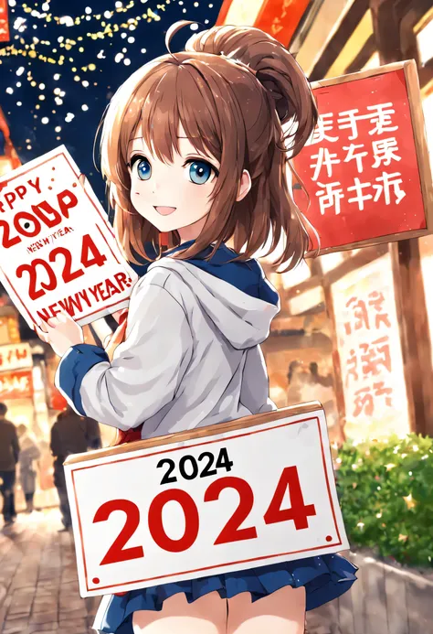 anime, cute girl, happy new year, girl txt with a sign:"2024"