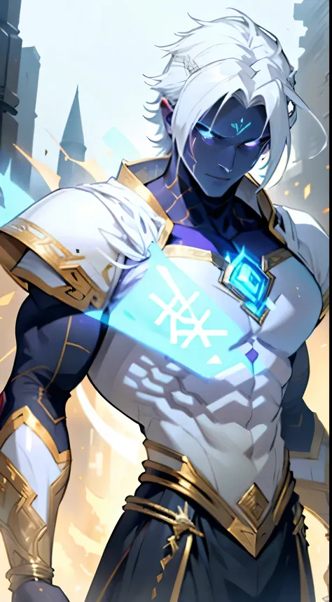 A white-haired male Megatrix wearing white Superman armor with gold details and with several runes running across his body