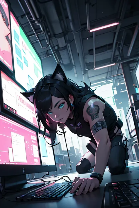 Cyberpunk HD 8k .3D, Beautiful thick-haired hacker woman operating computer terminal, , Crawl like a cat, low angle camera view, Pay attention to the SLR effect,Millennial girl、Beautiful eye fluorescent color