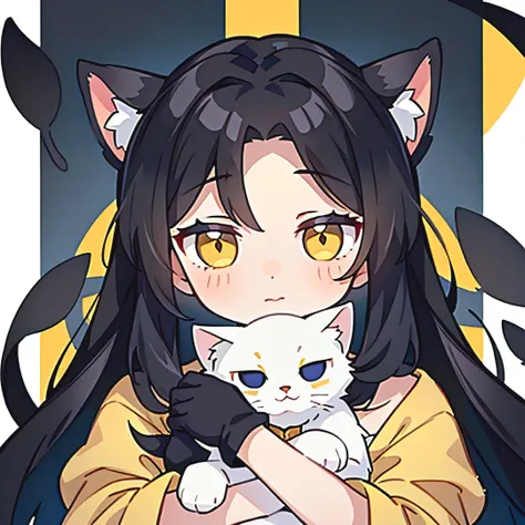 one-girl, black color hair, long gray hair, holding a white cat, hair straight, ttmasterpiece, high resolution one-girl, black c...