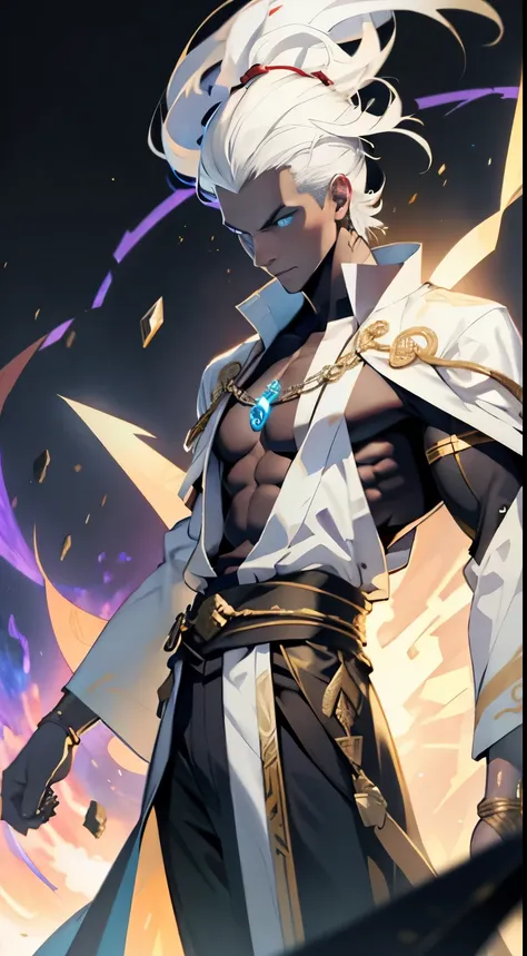 A white-haired megatrix man wearing a white kimono with gold details and having several runes running across his body