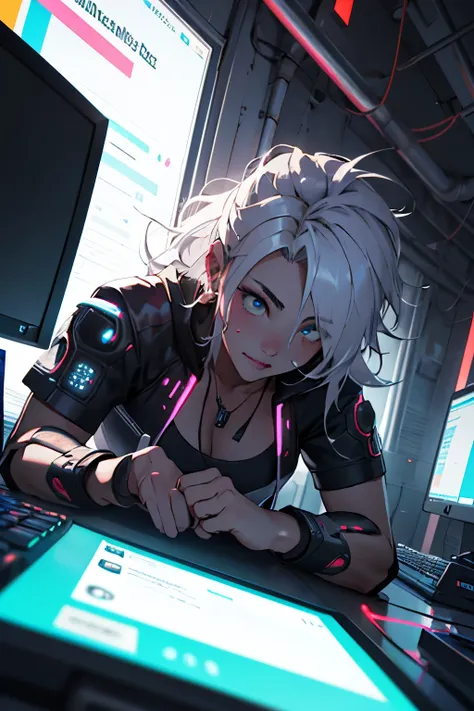 Cyberpunk HD 8k .3D, Beautiful thick-haired hacker woman operating computer terminal, PC desktop , Crawl like a cat, high angle camera view, Pay attention to the SLR effect,Millennial girl、Beautiful eye fluorescent color