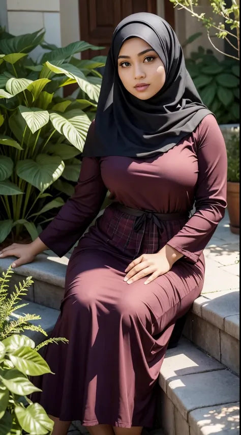 Close up),RAW, Best quality, high resolution, masterpiece: 1.3), Beautiful Malay woman in hijab,Karya, fit body, big breasts, big beautiful eyes, Soft smile, beautiful face,woman wearing plaid dress sitting in garden plant, dress, hijab , bautiful, medium ...