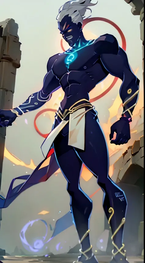 A white-haired megatrix man wearing a white kimono with gold details and having several runes running across his body