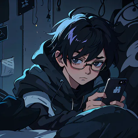 handsome anime boy, use black glasses, hoodie, laying in bed with cell phone in hand, artwork in the style of Guweiz, anime wallpaper, looking at his phone, young anime man, anime picture, hd anime wallpaper, high quality anime artstyle, anime moe artstyle