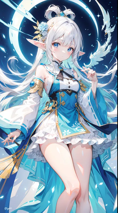 Creamy white hair，Fuzzy clothes，Mao Pipa，blue and white colour scheme，Cute as a Jade Rabbit Elf，Precision and flexibility，Beautiful appearance，This is a very cute girl