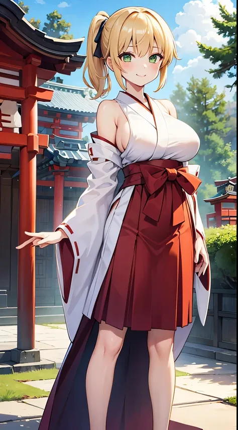 1 girl, game cg, miko, shoulders visible, short hakama skirt, gigantic breasts, blonde, middle hair, side ponytail, green eyes, smile, dynamic, Japanese shrines,