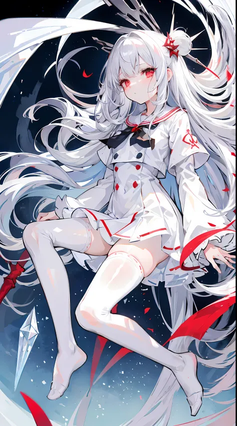 Long layers of silver hair，damaged hair curtain，Crystal red eyes，White short-sleeved sailor suit，a skirt，face expressionless，apathy，Wearing white stockings，On the roof of the school，Holding a crystal blue transparent umbrella，Big-breasted girl