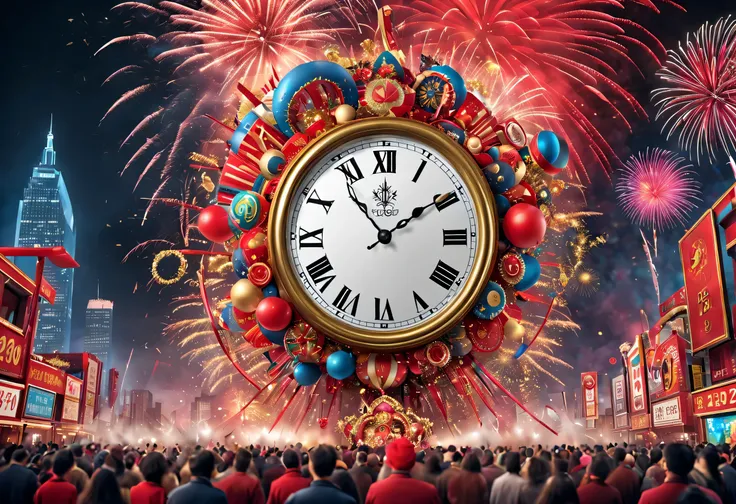 2024 new year poster design，passionate red as the main color，with dynamism，located in the center of the poster，design a huge cou...