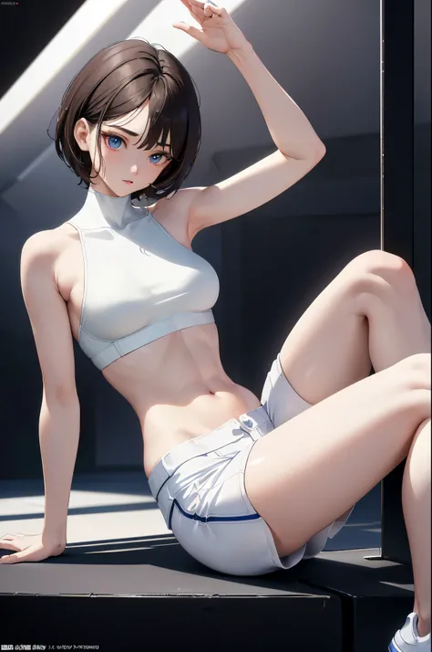 (masterpiece Best Quality, absurderes, Perfect Anatomy, Unity 8k Wallpapers,best cell anime), Detailed beautiful face and eyes,(focus 1woman,solo:1.2),18-year-old beauty、short cut hair,dark brown hair,(smaller head,skinny,medium breasts),(White sports bra,...