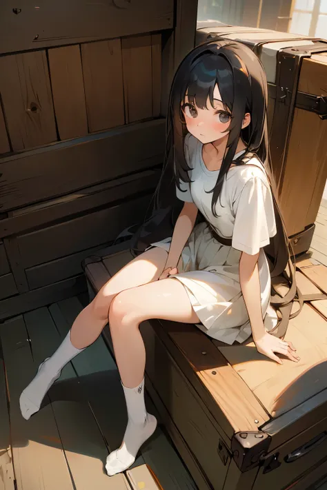 ((masterpiece)), (best quality), girl is sitting by an antique trunk, (Stacked trunk cases), place hands on knee, 1girl, solo, looking at viewer, messy long hair, white socks, black hair, sitting, blush