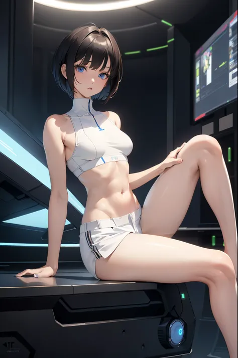 (masterpiece Best Quality, absurderes, Perfect Anatomy, Unity 8k Wallpapers,best cell anime), Detailed beautiful face and eyes,(focus 1woman,solo:1.2),18-year-old beauty、short cut hair,dark brown hair,(smaller head,skinny,medium breasts),(White sports bra,...