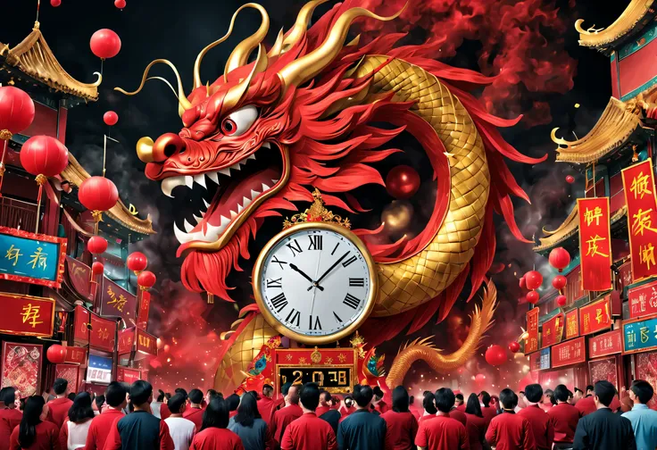 2024 new year poster design，passionate red as the main color，with dynamism，located in the center of the poster，design giant chin...